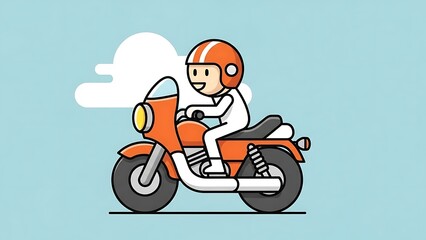 Cartoon astronaut riding orange motorcycle.
