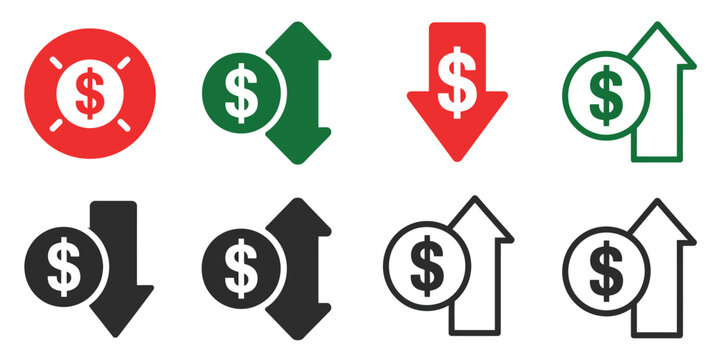 Cost increase and decrease vector icon set showing profit and loss symbols, dollar growth and decline icons, investment and savings graphics, modern finance illustration and transparent png for apps, 