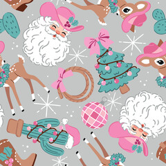 Seamless vector pattern with cowboy Santa Claus and vintage Christmas deer. Hand drawn western pattern with cactus and Christmas tree.	
