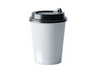 White disposable coffee cup with black lid isolated on transparent background