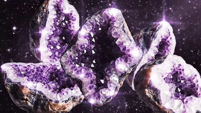 A cluster of amethyst geodes floating in space amidst a field of stars and sparkly light effects