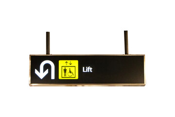 Sign for Elevator, Lift, Restroom, Handicap, Turn around at shopping mall or airport isolated on cutout PNG. Hanging from the ceiling to provide directions for tourists and travelers.
