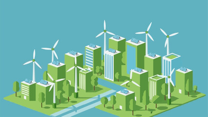 Sustainable city skyline with wind turbines and solar panels. © Ulhamchan