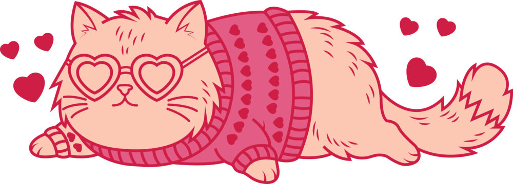 Cute pink cat wearing heart shaped sunglasses and sweater lying down with hearts around  adorable feline illustration for Valentines Day or love themed designs