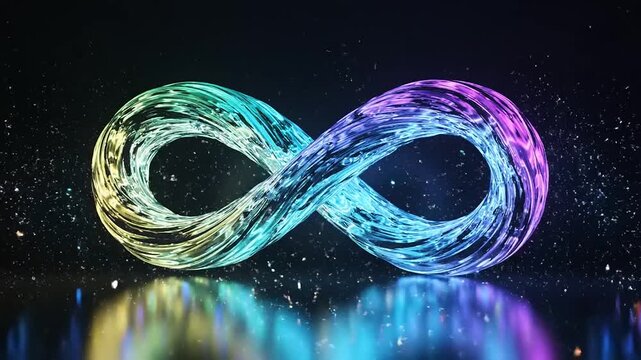 Colorful infinity symbol made of flowing water, creating a dynamic visual effect against a dark backdrop
