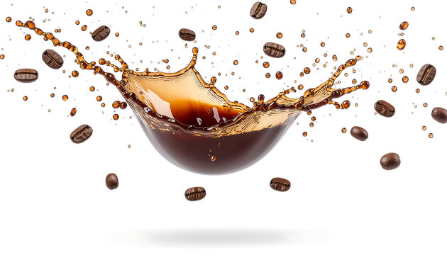 Splash of Coffee with Beans Explosion of dark liquid coffee with roasted coffee bea transparent background