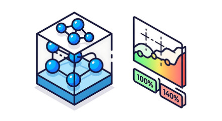 Isometric illustration of a molecule in a cube with a graph and percentage indicators shown ai generated