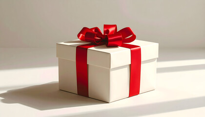 Obraz premium A beautifully wrapped white gift box with a vibrant red ribbon and bow, casting a soft shadow on a clean, bright surface