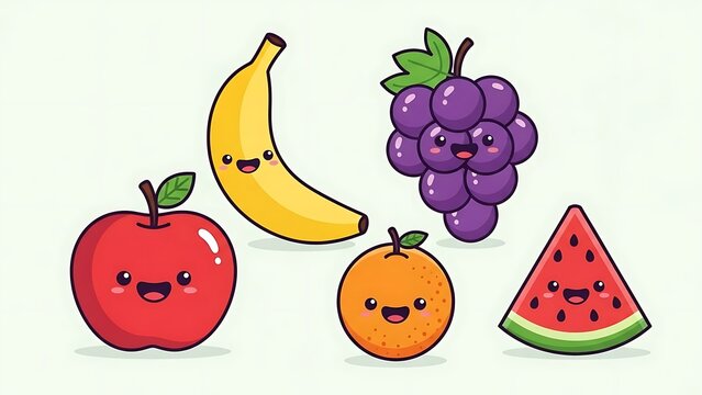Cartoon fruits with smiling faces together. - Powered by Adobe
