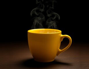 A closeup of a hot espresso coffee and tea in white porcelain mugs on a black table creates a dark, isolated breakfast beverage scene with nobody around