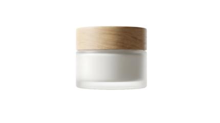 lass Cream Jar Minimalist frosted glass cosmetic jar with a wooden lid transparent background