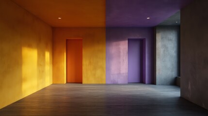 Citrus yellow and violet split-tone modern room with micro-cement walls deep depth of field and sidelit cinematic drama