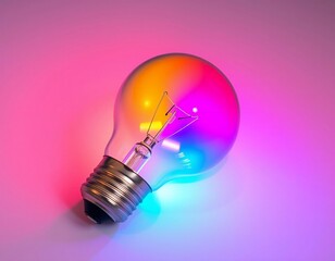 A glowing glass light bulb illuminated on a vibrant red background symbolizes a bright creative idea and innovative energy solution for modern technology and inspiration