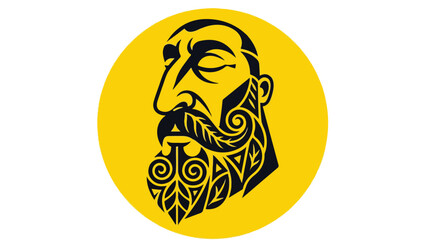 Intricate bearded mans face in a yellow circle.