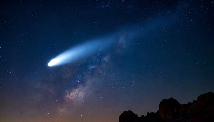 A bright comet streaks across a dark night sky filled with stars