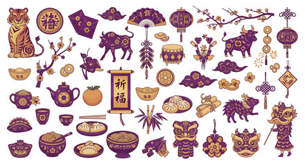 Obraz premium Collection of Chinese New Year decorations and symbols in various shapes and forms.