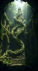 Fototapeta premium Ancient Temple Ruins Enshrouded in Vines and Jungle.