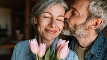 Intimate older couple kissing cheek with pink tulips bouquet, symbolizing long-term love and companionship for anniversary