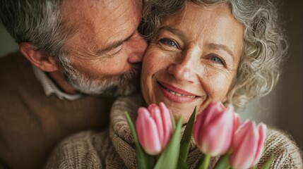 Intimate older couple kissing cheek with pink tulips bouquet, symbolizing long-term love and companionship for anniversary