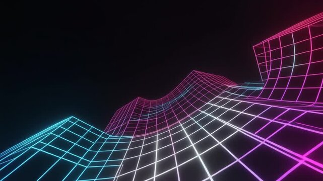 A geometric neon grid landscape with a dark, vast backdrop. Lighting shifts from blue to pink