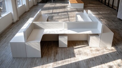Clean workspace modular desk system in white matte finish natural daylight creating geometric shadow patterns on textured wood