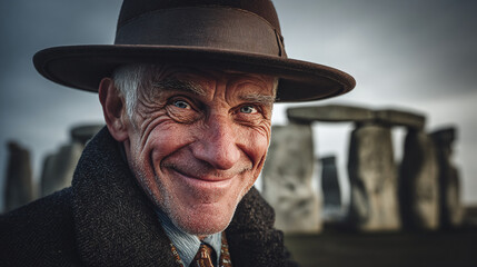 A dapper gentleman smiles, set against the backdrop of the iconic Stonehenge