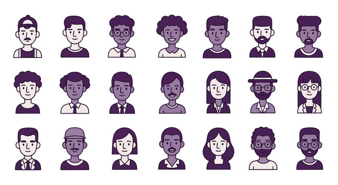 Diverse collection of illustrated headshots representing various people and faces 1.
