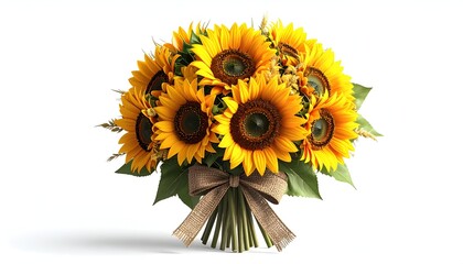 A vibrant bouquet of sunflowers, tied with a rustic burlap bow