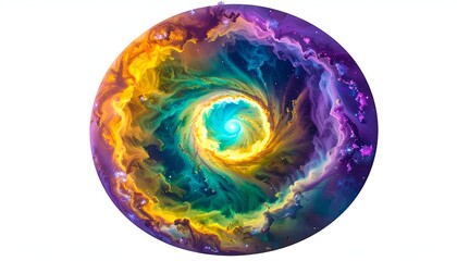 A vibrant, swirling nebula with rainbow hues, shaped in a circular form