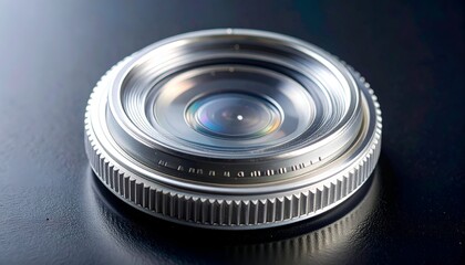 Close-up of a silver-toned camera lens on a dark reflective surface