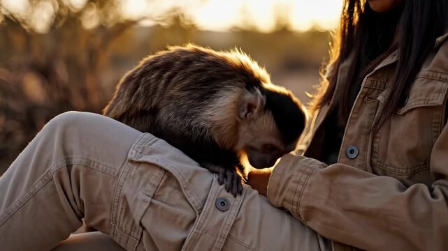 Close-up of a woman interacting with a capuchin monkey, displaying affection and creating a harmonious scene