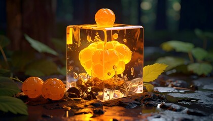 Orange orbs trapped in a glowing cube, placed in a forest setting