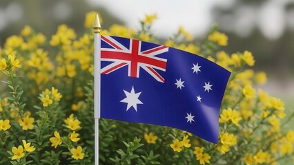 Australian Flag with Yellow Flowers - National Symbol, Patriotism, Australia Day