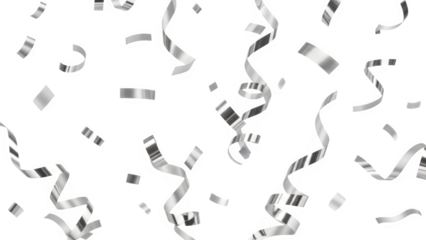 Dynamic cascade of shiny silver metallic confetti streamers and pieces falling against a solid black background perfect for celebrating anniversaries holidays or festive special occasions with glamour