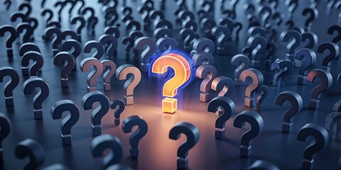 A sea of dark question marks surrounds a single brightly illuminated orange question mark symbolizing uncertainty and a search for answers