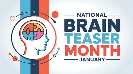A vibrant illustration celebrates national brain teaser month in january featuring a human profile filled with puzzle pieces and connected neural pathways