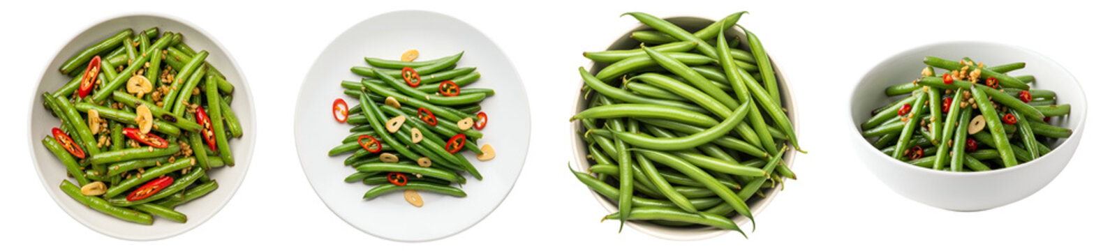 Aerial view of four plates and bowls filled with green beans and other ingredients on a plain surface on transparent background