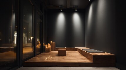 Compact city yoga nook with matte black walls bright LED accent lighting and floating wooden planks volumetric glow