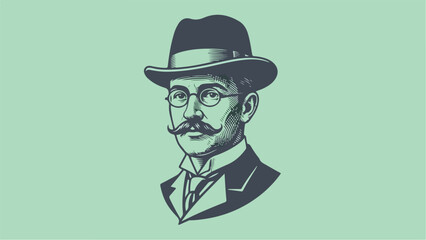 Vintage gentleman portrait with hat and glasses on green background.