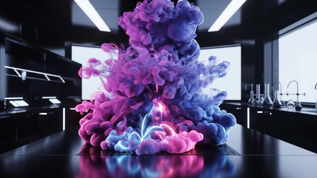 A vibrant plume of color explodes on a table in a minimalist laboratory setting