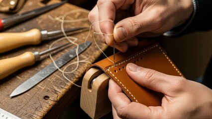 A person sewing a brown leather wallet with a needle and thread on a wooden workbench with various leatherworking tools with craftsmanship and handmade and workshop