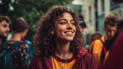 Obraz premium Young woman with curly hair smiling in a lively urban setting