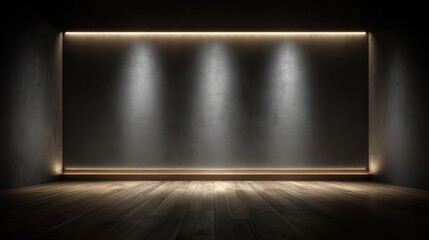 Compact workspace showcasing dual strip lights creating symmetrical rim Wooden flooring reflects gleam subtly while matte backdrop gradients