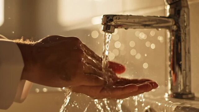 Warmly backlit close-up of hands performing islamic ablution (wudhu) at a bathroom sink.