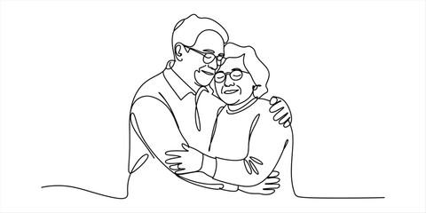 Continuous line drawing illustrating an affectionate embrace between a senior couple