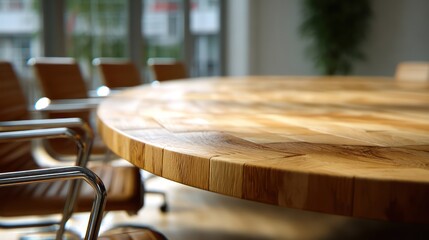 Conference chairs align neatly around a circular oak table side-light highlighting the grain while the background dissolves into