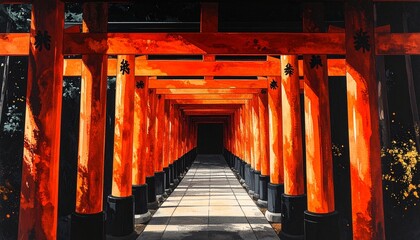 稲荷神社の連なる鳥居が続く朱の墨絵