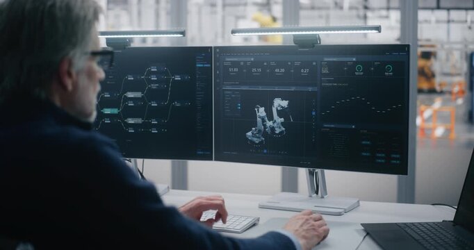 Innovative Workplace, Engineer Using Advanced Software For Robotics. Man Using Advanced Software Manage Robotics, Seated Innovative Dual Screen Workstation. Highlights RD and Technological Innovation.