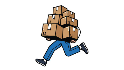 Delivery person running with a stack of cardboard boxes.