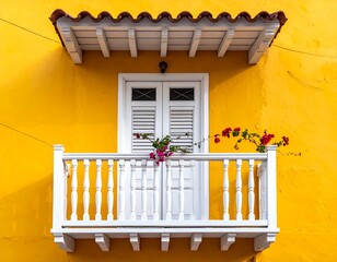 Close-up of yellow wall, white balcony, door, and flowering plant